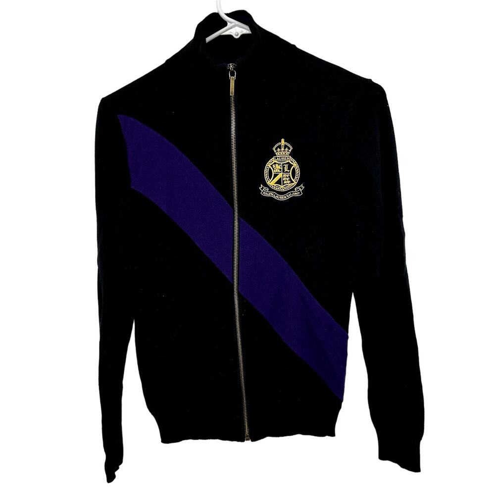 Lauren Ralph Lauren Crest Embroidered Full Zip Sweater Colorblock Black XSmall - Picture 2 of 6